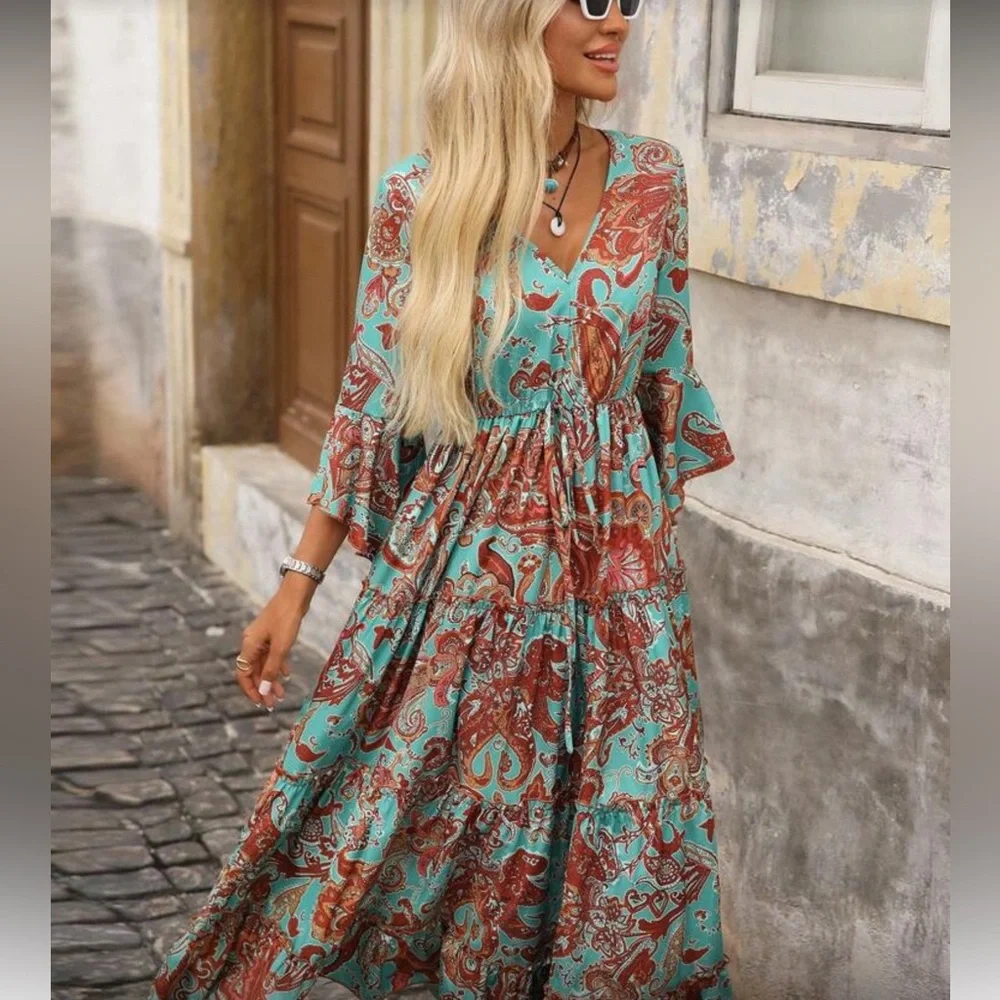 Boho floral paisley print maxi dress